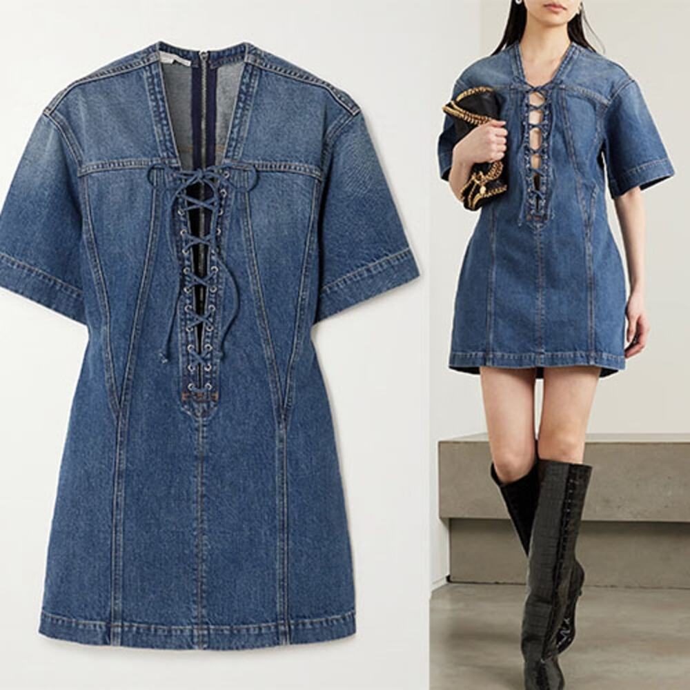 NWT Stella McCartney Lace Detail Short Sleeve Denim Mini Dress Blue Size: Large